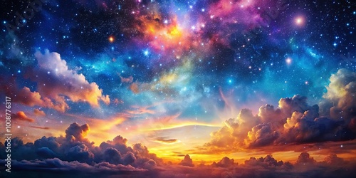 A Cosmic Tapestry of Starry Night and Sunlit Clouds, Woven with Hues of Crimson, Azure, and Gold