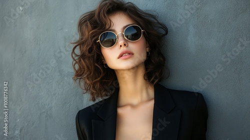 A young woman with short curly hair and wearing sunglasses and a black blazer stands in front of a grey wall.