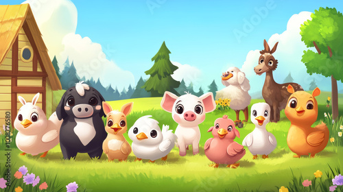 This set of cute cartoon pictures shows farm animals like dogs, cats, pigs, donkeys, goats, turkeys, rabbits, cows, pigeons, sheep, chickens, ducks, and hens. photo