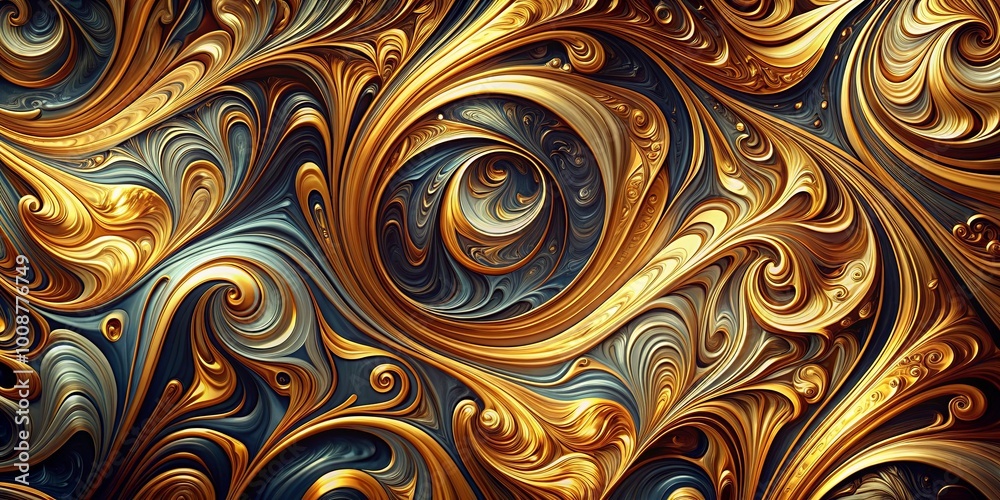 Abstract Swirling Tapestry of Golden and Blue Hues, Creating a Symphony of Shapes and Textures