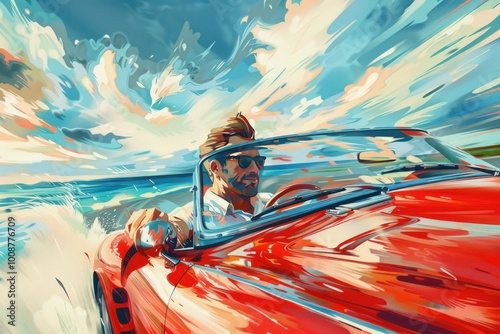 businessman driving sports car on scenic coastal highway, hand drawn illustration, success and achievements