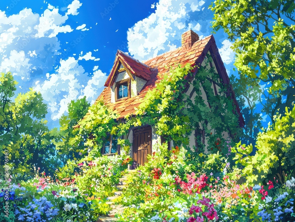 Fototapeta premium Fairytale Cottage Surrounded by Blooming Flowers in a Lush Garden, AI Generation