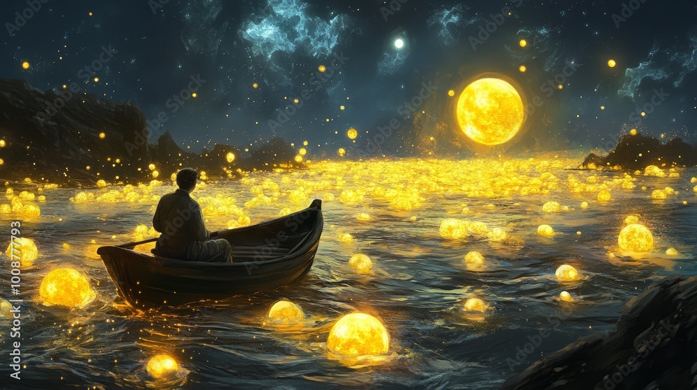 An artistic illustration of a man inside a small boat in the middle of an ocean with glowing circular lights surrounding him, beautiful scenery, professional drawing An artistic illustration of a man inside a small boat in the middle of an ocean with glowing circular lights surrounding him, beautiful scenery, professional drawing