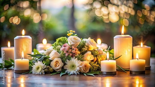 A centerpiece of soft white blossoms and flickering candles, bathed in the warm glow of a summer evening.