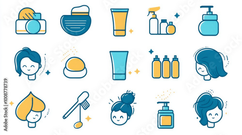 This set of icons is all about hair care. It has pictures for shampoo, scalp, conditioner, treatments, washing, and more. You can change the lines in these icons. photo