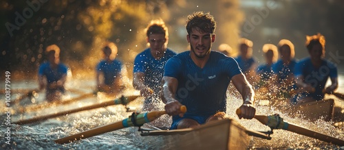 Rowing team in a rowing boat racing on a river.