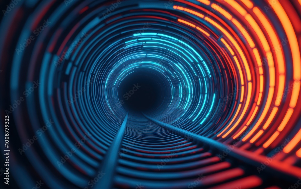 Obraz premium A mesmerizing digital tunnel illuminated with vibrant blue and orange lines, creating a futuristic and dynamic atmosphere.