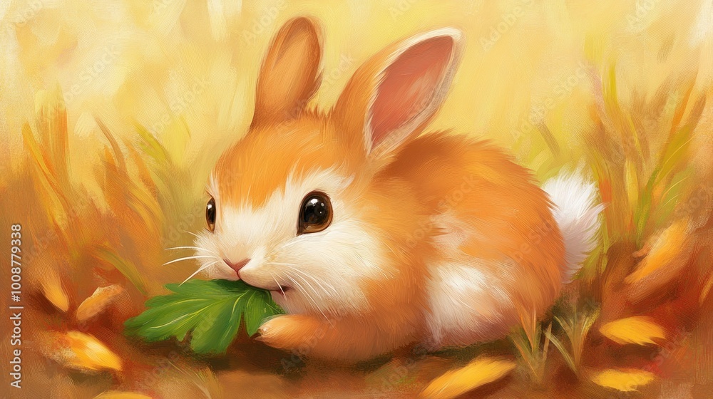 A cute, fluffy rabbit nibbling on a green leaf amidst a colorful autumn background. A cute, fluffy rabbit nibbling on a green leaf amidst a colorful autumn background.