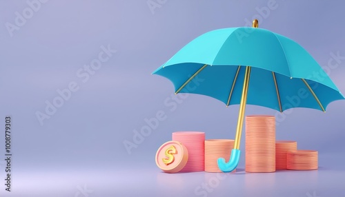 Wallpaper Mural A colorful umbrella protects stacks of coins, symbolizing financial security and investment strategies in a vibrant, modern setting. Torontodigital.ca