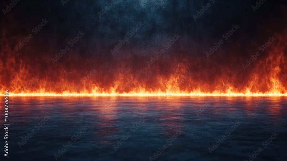 Stunning visual of a fiery blaze against a dark backdrop, creating a captivating contrast with the reflective surface below. Stunning visual of a fiery blaze against a dark backdrop, creating a captivating contrast with the reflective surface below.