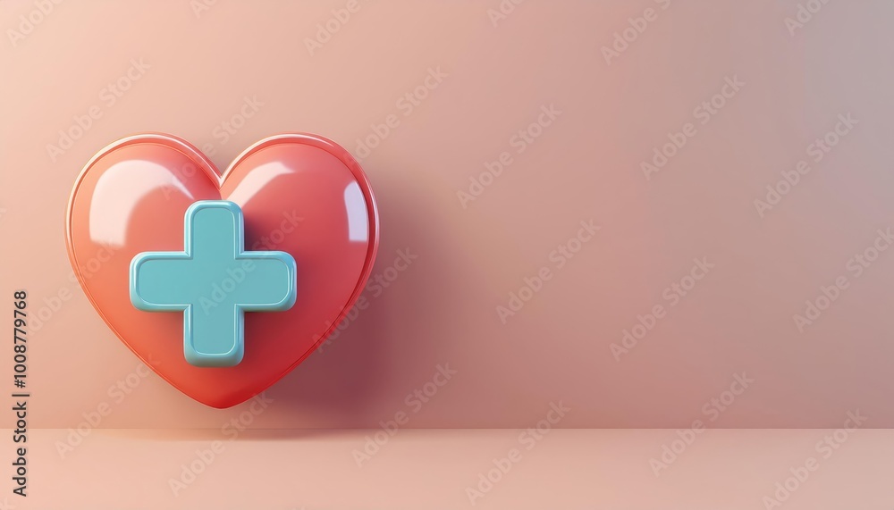 Obraz premium A vibrant, glossy heart with a blue medical cross symbol against a soft, neutral background, representing health and care.