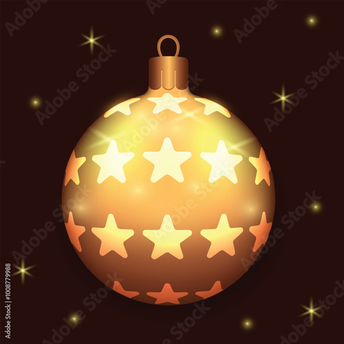 Beautiful gold Christmas balls with star patterns on a dark background with glitter. Decorations for New Year tree and Christmas design. Vector realistic object Illustration 10 EPS