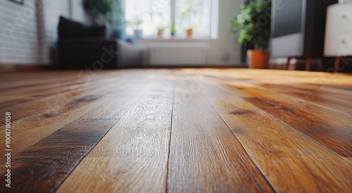 Close-up view of a polished wooden floor in a bright, inviting living room