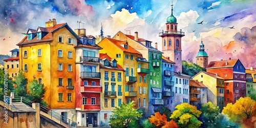 Vibrant Watercolor Painting of Urban Buildings Showcasing Artistic Architectural Design and Style