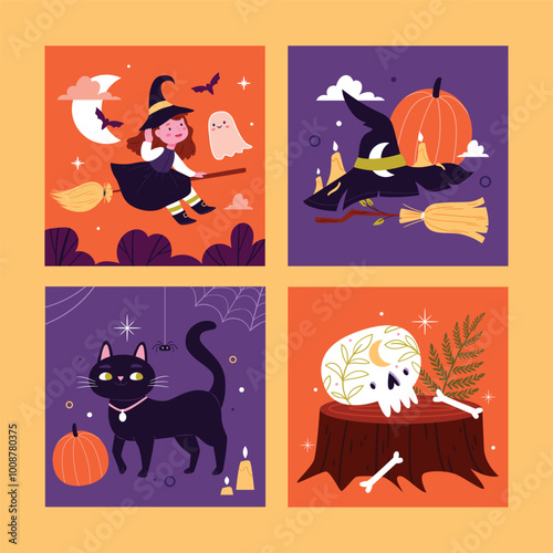 Colorful Halloween Illustration with Witch and Cat