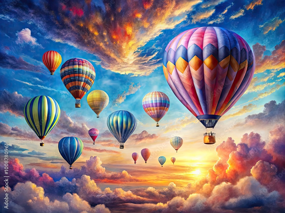 Fototapeta premium Vibrant Watercolor Paintings of Hot Air Balloons Floating in a Dreamy Sky with Soft Pastel Clouds