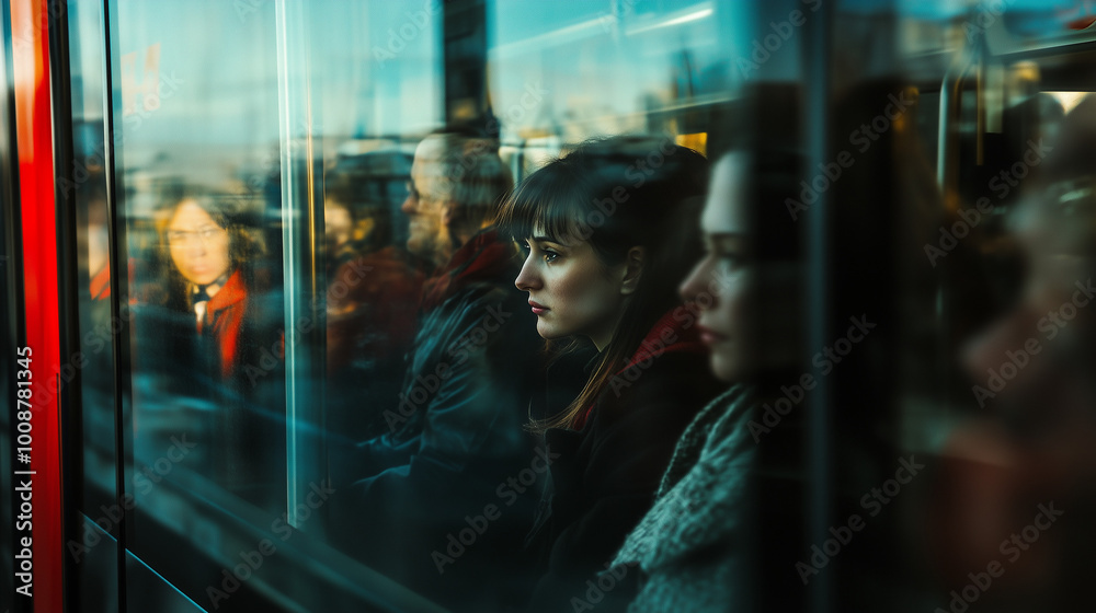portrait of adult wistful woman stand in the bus and look out of window portrait of adult wistful woman stand in the bus and look out of window
