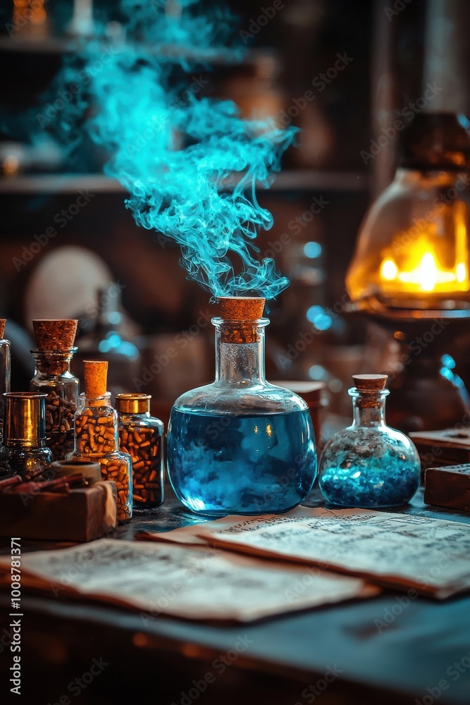A mystical laboratory scene featuring glowing blue potions, smoke, and ancient scrolls, evoking a sense of magic and alchemy. A mystical laboratory scene featuring glowing blue potions, smoke, and ancient scrolls, evoking a sense of magic and alchemy.