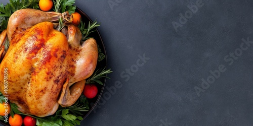 Golden-brown roasted Thanksgiving turkey garnished with fresh herbs and vegetables, elegantly presented on a festive dining table