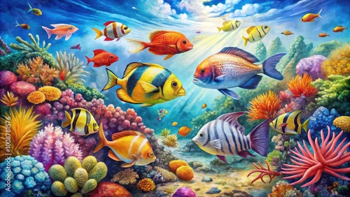 Vibrant Watercolor Paintings of Tropical Fish Featuring Coral Reefs and Underwater Scenes