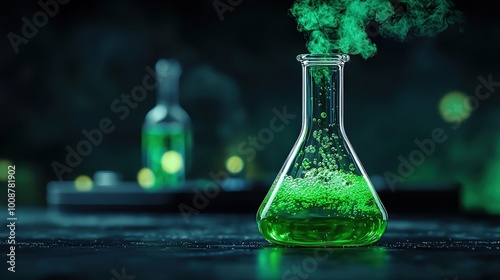 Green liquid in laboratory flask with smoke, modern science concept.