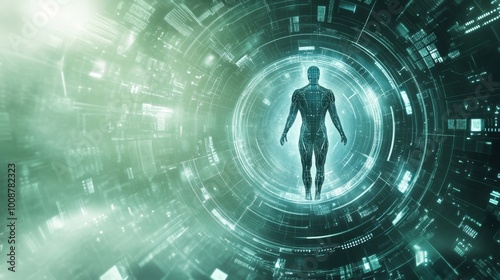 Blue futuristic HUD Medicine Personal Data screen grid display background. Hologram of human body and organ. Conceptual image of digital transformation. photo