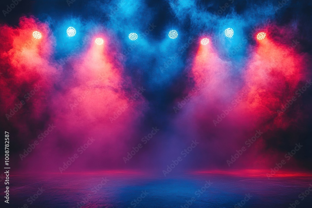 Fototapeta premium Vibrant stage lights illuminating a foggy scene, creating an energetic atmosphere perfect for concerts, performances, or creative projects.