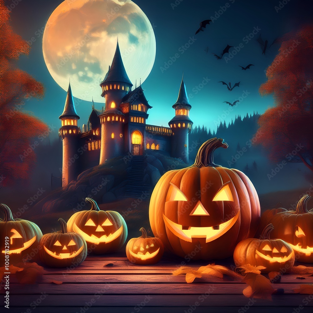 a castle with a pumpkin on it and a castle in the background, Halloween Pumpkin a castle with a pumpkin on it and a castle in the background, Halloween Pumpkin
