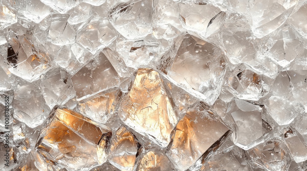 Close-up of sparkling ice cubes with a hint of amber hue, creating a refreshing and vibrant visual perfect for cool drinks and summer vibes.