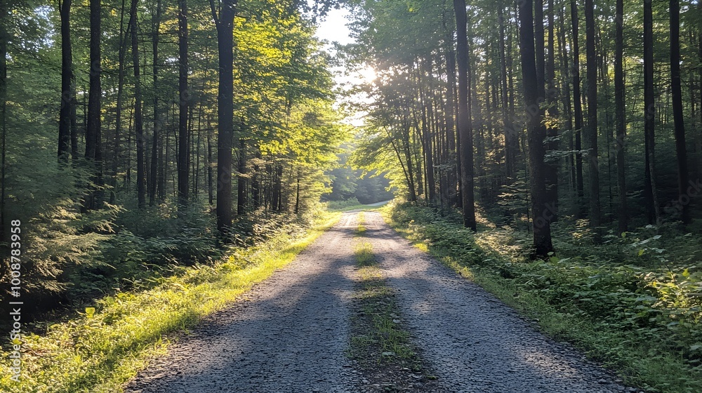 Obraz premium Sunlight filtering through the trees onto a gravel road in a serene pine forest, evoking a peaceful and rustic atmosphere 