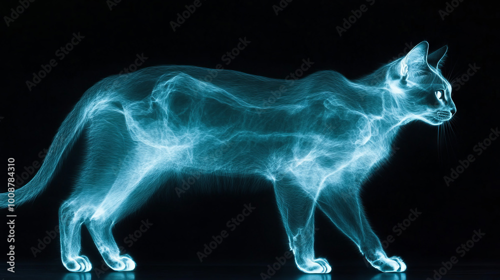 Cat silhouette in glowing neon light effect on black background. Futuristic animal representation. Cat silhouette in glowing neon light effect on black background. Futuristic animal representation.