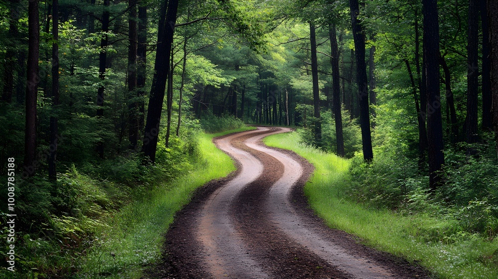 Fototapeta premium A narrow dirt road winding through a dense pine forest, leading to a hidden cabin nestled among the trees, with an air of mystery and serenity