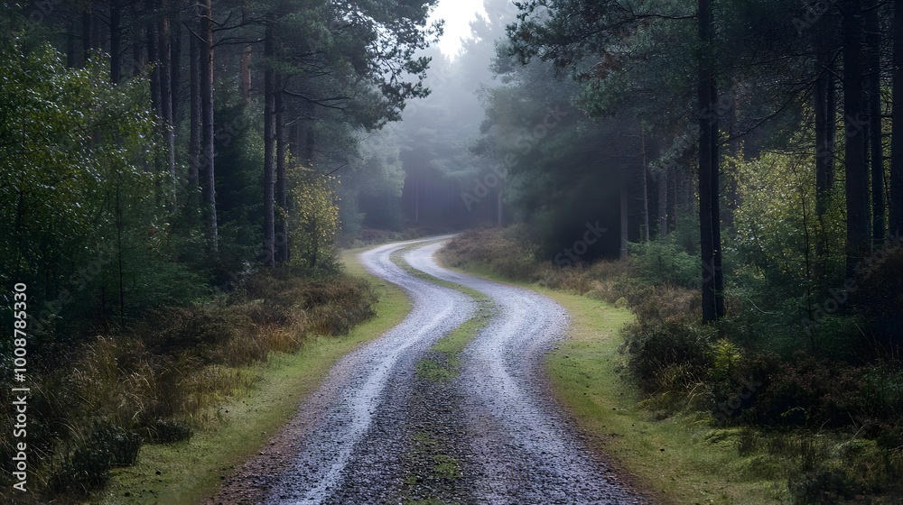 Fototapeta premium A rustic gravel pathway in the heart of a rural pine forest, with the road blending seamlessly into the natural landscape 