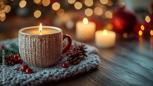 cozy holiday ambiance created by the soft glow of candlelight reflecting off a warm coffee cup set against a backdrop of holiday decorations and gentle lighting