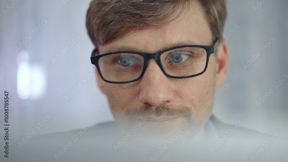 Businessman with glasses looking intently obscured partially by a translucent surface of laptop. Business people concept Businessman with glasses looking intently obscured partially by a translucent surface of laptop. Business people concept
