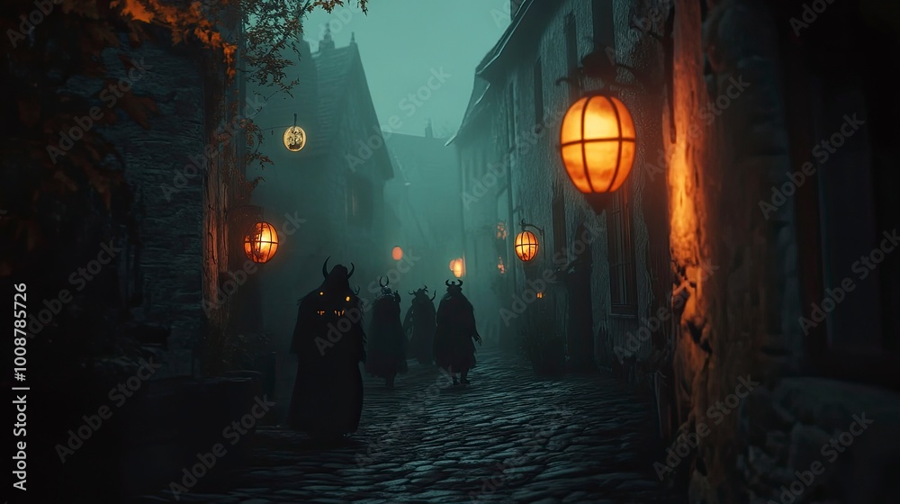 A foggy Halloween night in a small village, with people in monster costumes walking down cobblestone streets lit by orange lights. A foggy Halloween night in a small village, with people in monster costumes walking down cobblestone streets lit by orange lights.
