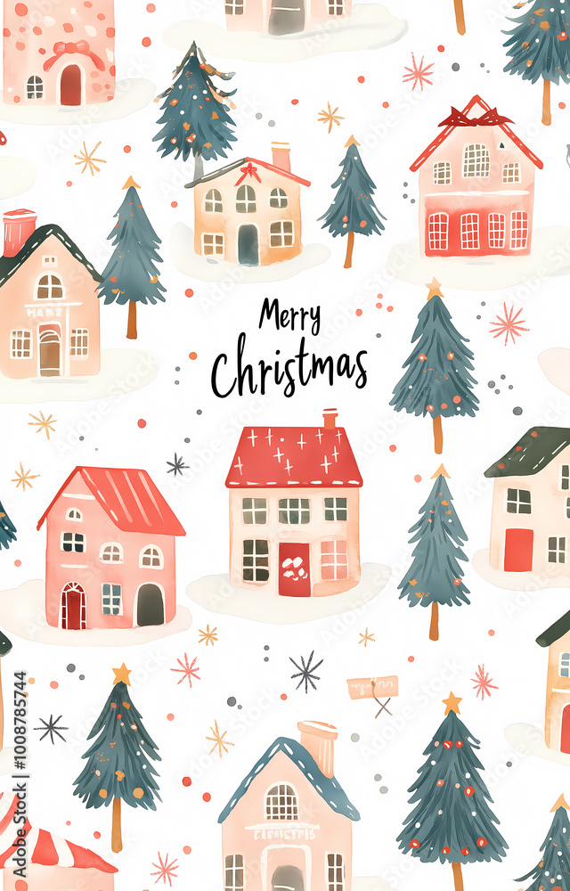 Motif de Noël avec maisons et sapins sur fond blanc Motif de Noël avec maisons et sapins sur fond blanc