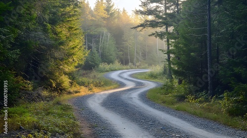 A winding gravel road cutting through a dense pine forest under the soft morning light, surrounded by tall evergreen trees 