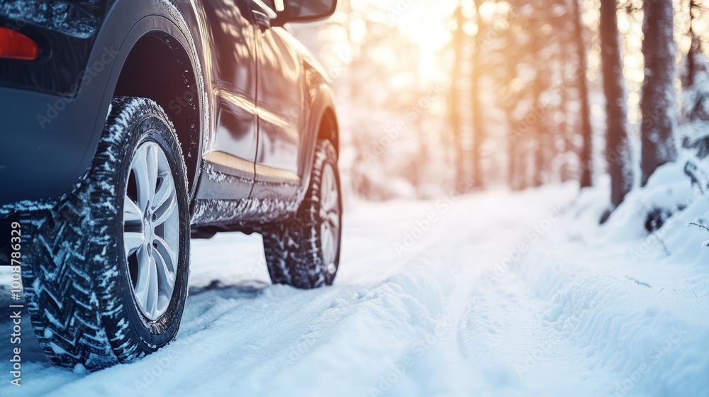 Side profile shot of a Car going through a snowy path in winter, covered thick roads, travelling in the cold Side profile shot of a Car going through a snowy path in winter, covered thick roads, travelling in the cold