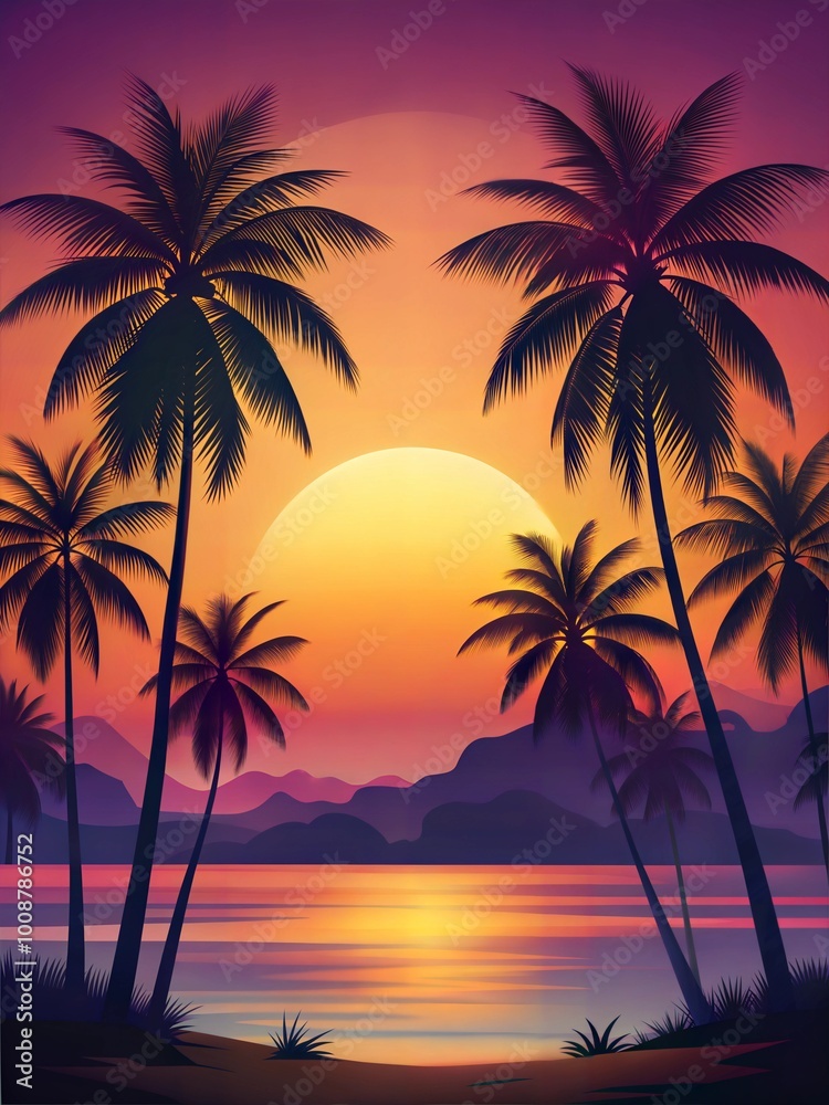Tranquil Tropical Beach Sunset with Palm Tree Silhouettes Tranquil Tropical Beach Sunset with Palm Tree Silhouettes