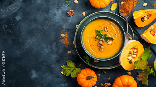 Wallpaper Mural Pumpkin cream soup, delicious and tasty pumpkin soup perfect for autumn, thanksgiving, halloween. Pumpkin gourmet with spices, ginger and cinnamon. Torontodigital.ca