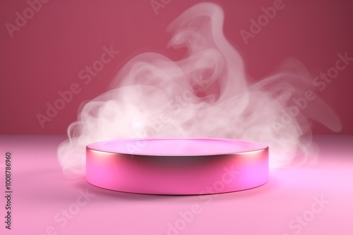Abstract empty podium with smoke on pastel pink background for presentation and exhibitions cosmetic product. Minimal concept.