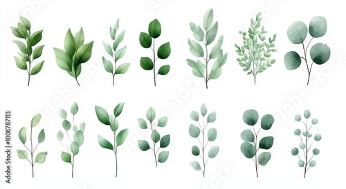 A watercolor illustration set - green eucalyptus leaf branches for wedding invitations, greeting cards, wallpapers, and backgrounds. Eucalyptus, green leaves.