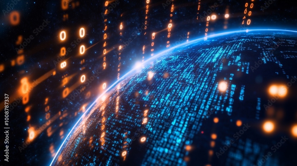 A holographic 3D digital HUD interface with the Earth in the background