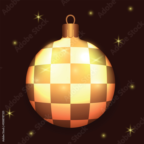 Beautiful gold Christmas balls with square patterns on a dark background with glitter. Decorations for New Year tree and Christmas design. Vector realistic object Illustration 10 EPS
