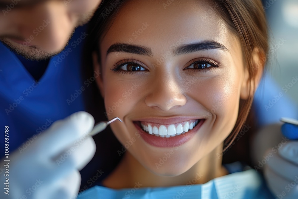 Close-up of a smiling woman in a blue dental clinic during a routine check-up Close-up of a smiling woman in a blue dental clinic during a routine check-up