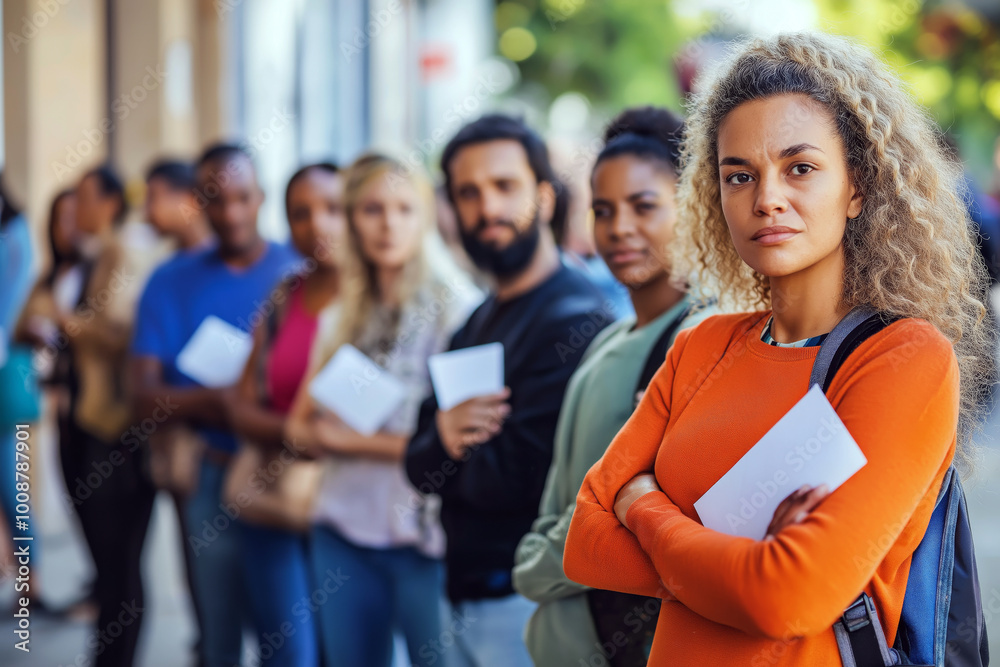 Crowds of voters standing in line outside polling stations, holding ballots, diverse group, election day excitement. Crowds of voters standing in line outside polling stations, holding ballots, diverse group, election day excitement.