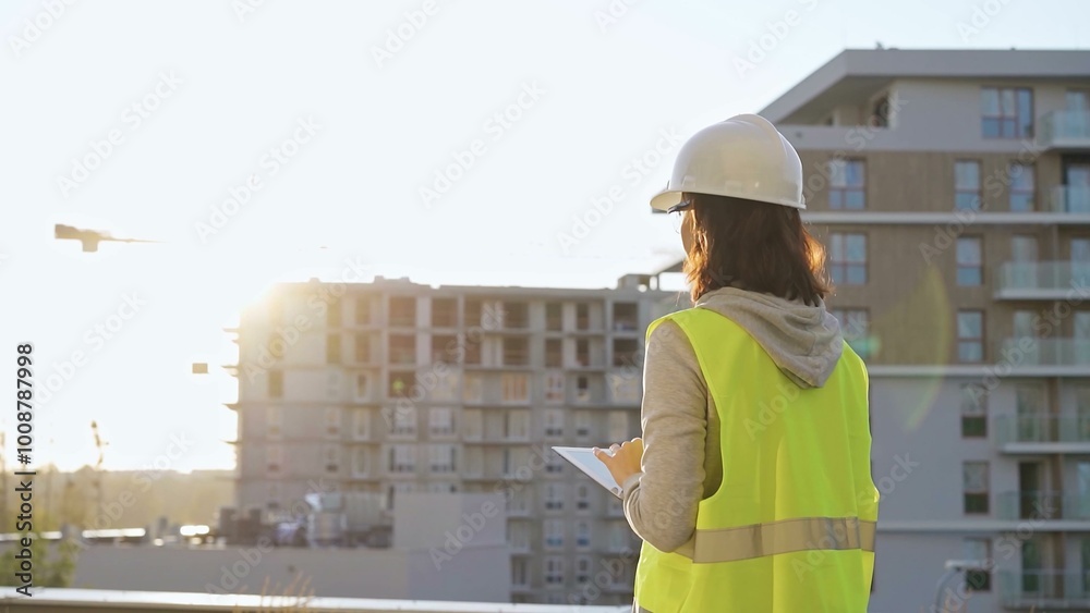 Woman construction engineer is taking notes with a tablet pc while inspecting a construction site at sunset
