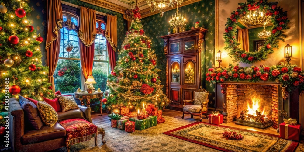 Victorian Christmas Scene with Ornate Decorations, Warm Lights, and Traditional Holiday Elements Victorian Christmas Scene with Ornate Decorations, Warm Lights, and Traditional Holiday Elements