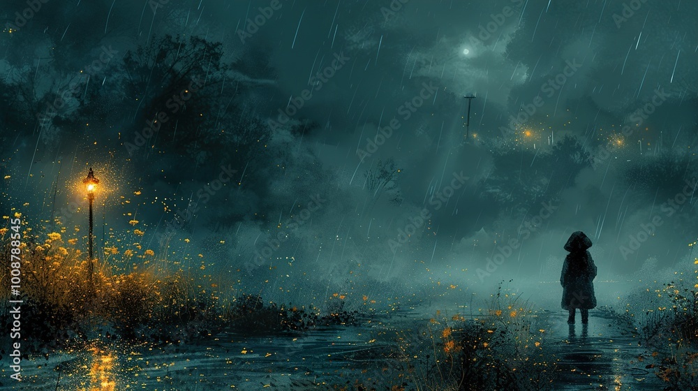 Lonely Figure in a Rainy Night Landscape Lonely Figure in a Rainy Night Landscape